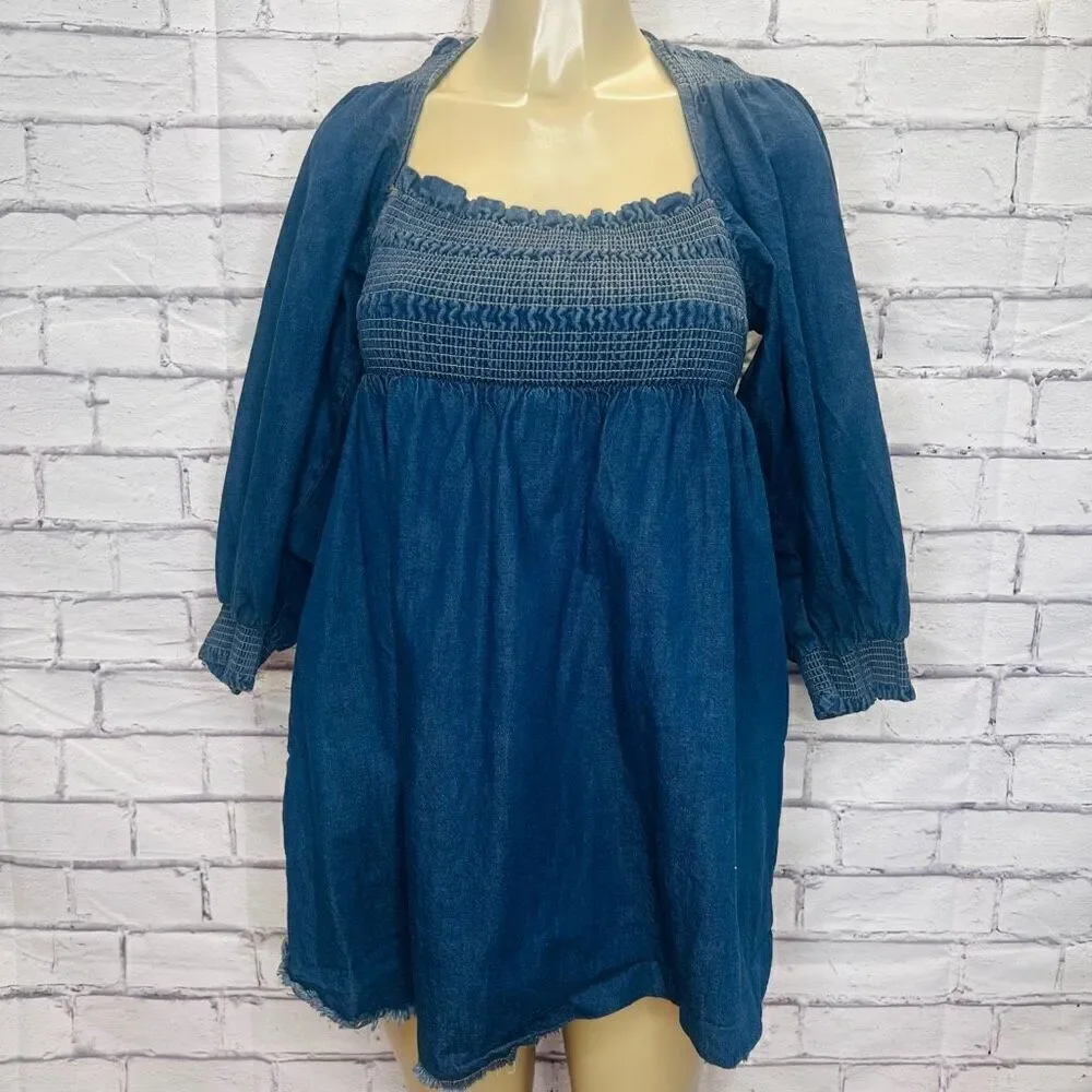 Free People Womens Dark Blue Smocked Balloon Sleeve Bodydoll Mini Dress Medium